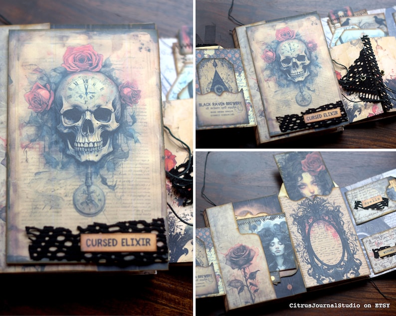 May include: A black and brown scrapbook with a skull and clock face design. The scrapbook has a black lace trim and a tag that says "Cursed Elixir".