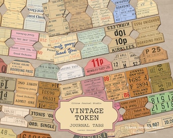 Vintage Junk Journal Tabs, Printable Vintage Ephemera Tabs, Digital Kit for Junk Journals, Tickets, Travel Token Tabs, Office Embellishments