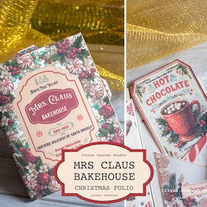 May include: A festive Christmas folio with a vintage aesthetic. The cover displays "Mrs. Claus Bakehouse" with candy cane, berry, and floral illustrations. Additional cards feature "Hot Chocolate" and other seasonal designs. A Citrus Journal Studio instant download.