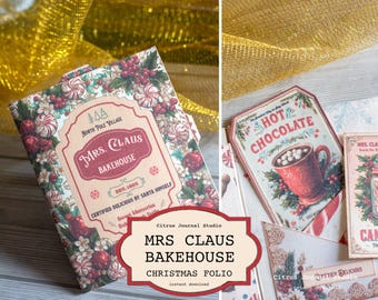Mrs. Claus Bakehouse Junk Journal Folio – Christmas Bakery Tags, Fussy Cuts, Cozy Holiday Ephemera
