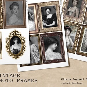 Puede incluir: Un conjunto de marcos de fotos vintage con marcos dorados ornamentados e im&aacute;genes en blanco y negro de mujeres. Los marcos est&aacute;n dispuestos en una cuadr&iacute;cula sobre un fondo blanco. El texto "Citrus Journal Studio" y "descarga instant&aacute;nea" es visible en la parte inferior de la imagen.