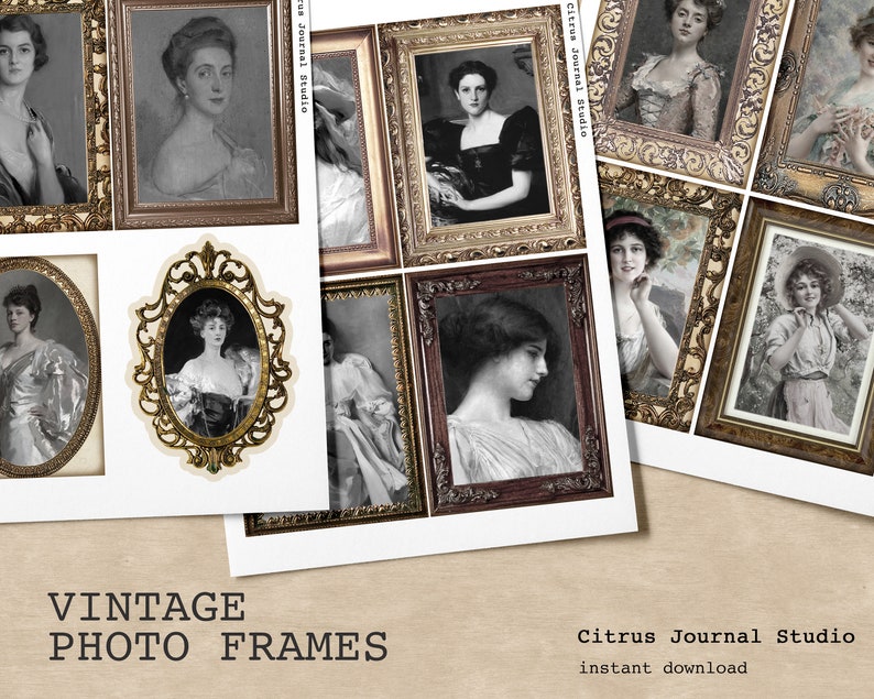 Puede incluir: Un conjunto de marcos de fotos vintage con marcos dorados ornamentados e im&aacute;genes en blanco y negro de mujeres. Los marcos est&aacute;n dispuestos en una cuadr&iacute;cula sobre un fondo blanco. El texto "Citrus Journal Studio" y "descarga instant&aacute;nea" es visible en la parte inferior de la imagen.