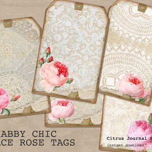 Shabby Chic Tags, Shabby Roses, Vintage Tags, Junk Journal Kit, Floral Tags, Roses Junk Journal, Vintage Ephemera, Lace Tags, Vintage Lace