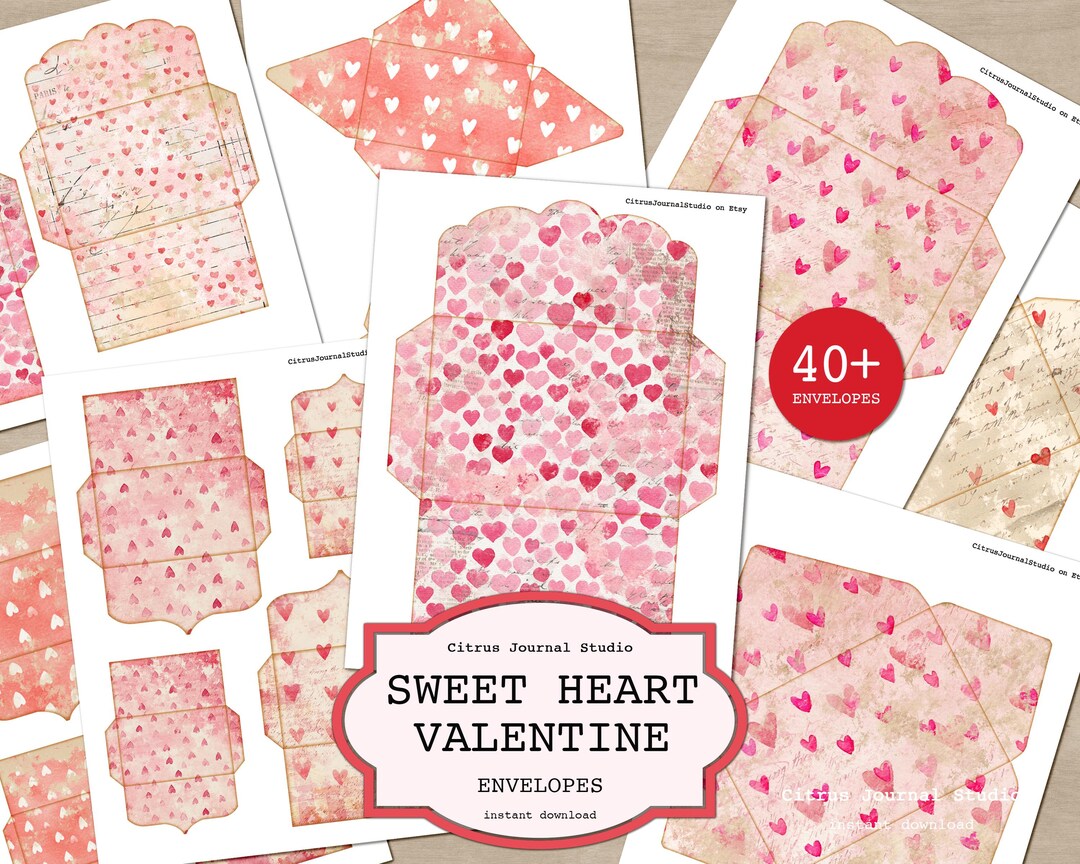Sweet Heart Envelopes, Pink Valentines Day Junk Journal, Romantic ...