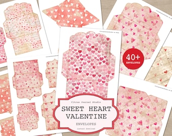 Sweet Heart Envelopes, Pink Valentines Day Junk Journal, Romantic Digital Kit