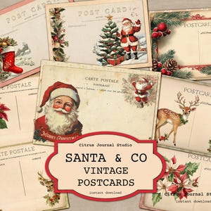 Weihnachtspostkarte, Santa & Co Digital Kit, Poinsettia Ephemera, Vintage Weihnachtspostkarte, Weihnachtsmann Postkarte, Feiertagsstrumpf Postkarte
