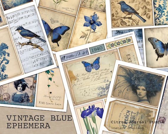 Blue Ephemera, Junk Journal Kit, Blue Floral Ephemera, Junk Journaling, Digital Kit, Vintage Ephemera, Digital Ephemera, Butterfly Ephemera