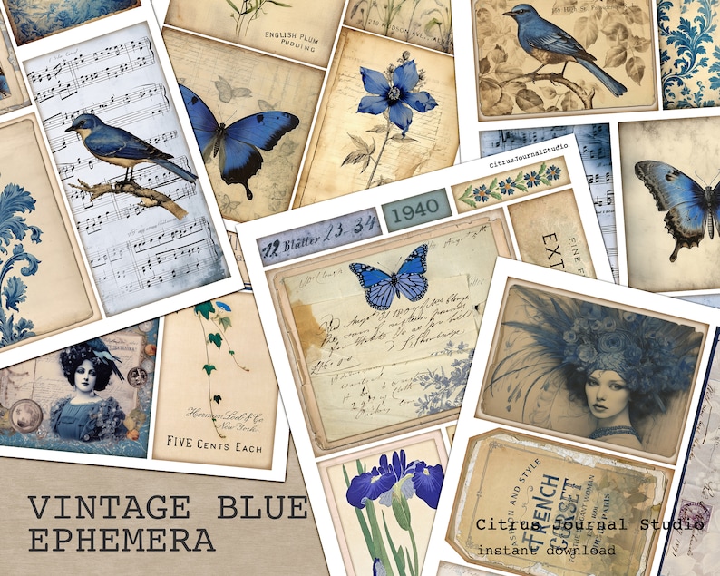 May include: Vintage blue ephemera digital download pack with images of butterflies, birds, flowers, and music notes. The pack includes the text "Vintage Blue Ephemera" and "Citrus Journal Studio".