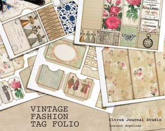 Folio Journal, Junk Journal Kit, Collage Sheet, Pocket Tags, Journal Tags, Ephemera, Verschönerung, Trifold, Digital Kit, Vintage Fashion