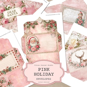 Könnte beinhalten: Eine Sammlung rosa Weihnachtsumschläge mit floralen und Vintage-Designs. Die Umschläge zeigen Bilder von Santa Claus, einem Hirsch und einem Elf, mit den Texten "Dear Santa" und "Pink Holiday Envelopes".