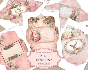 Pink Christmas Envelopes, Shabby Chic Holiday Pocket Flaps, Dear Santa Junk Journal Insert