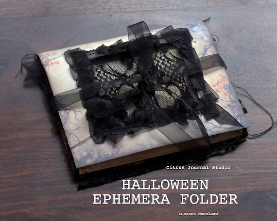Halloween Ephemera Folder, Junk Journal, Folding Folio, Vintage Halloween, Journal Tags, Spooky Journal, Digital Kit, Cobwebs, Loaded Folio