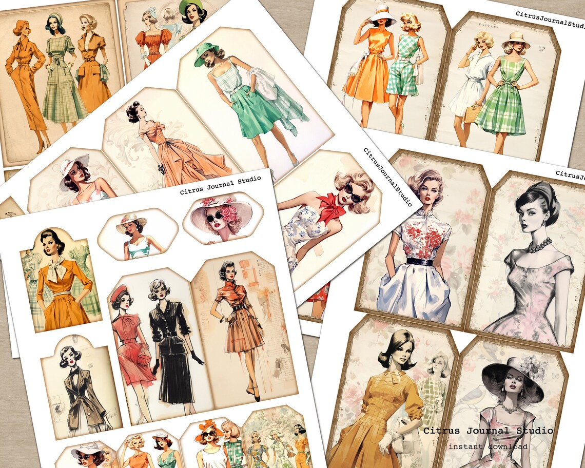 Vintage Fashion Tags, Sewing Tags, Fashion Illustration, 70s Fashion ...