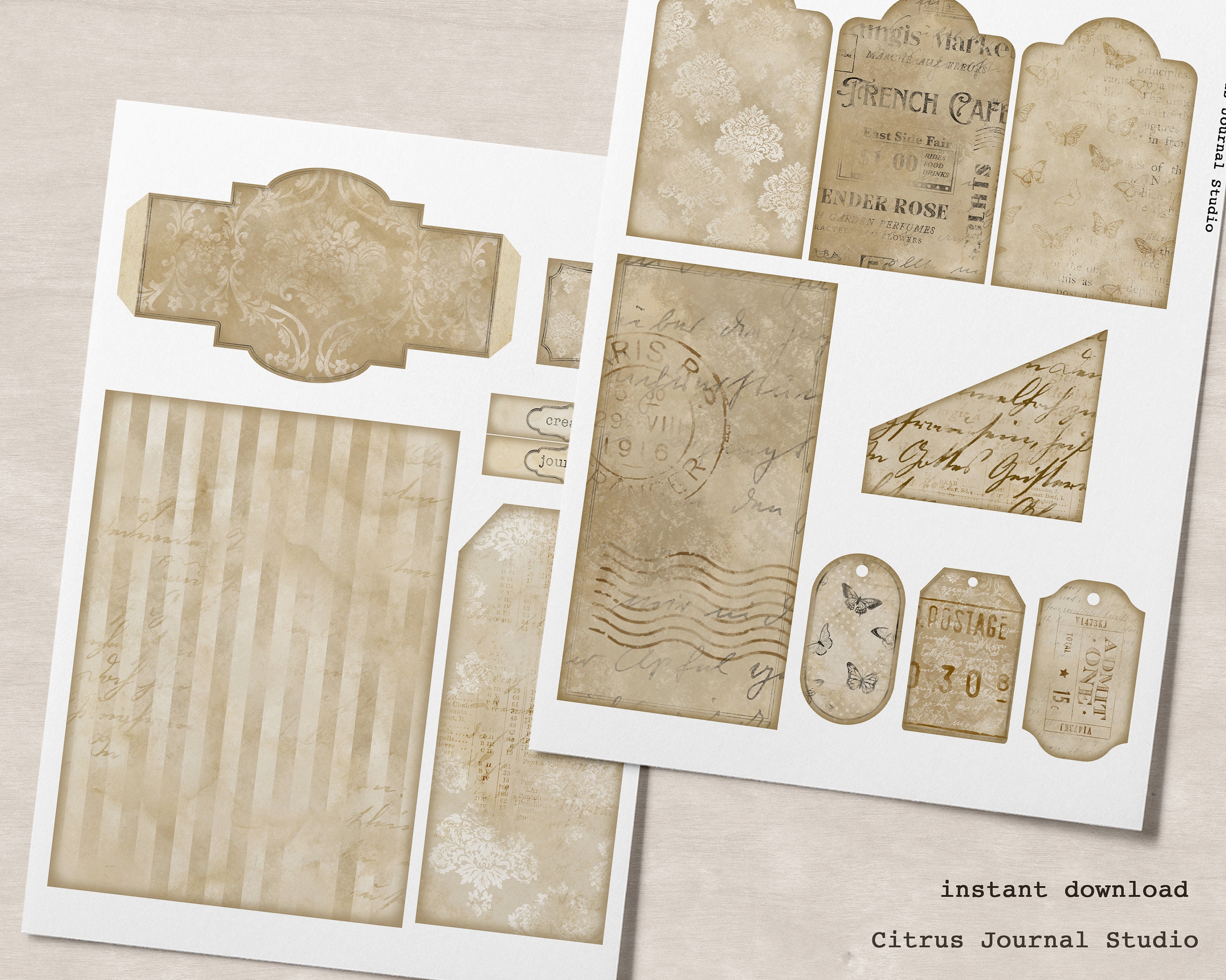 Pocket Tag, Junk Journal Kit, Printable Ephemera, Collage Sheet ...