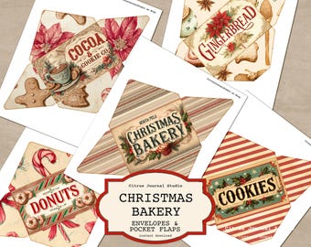 Christmas Bakery Envelopes, Vintage Holiday Pocket Flaps, Junk Journal Insert
