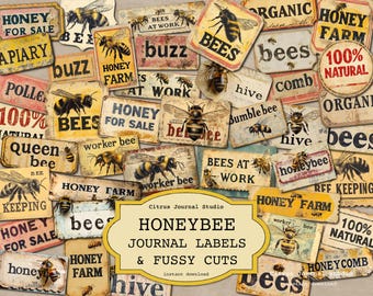 Honeybee Journal Labels, Vintage Junk Journal Labels, Bee Fussy Cuts, Vintage Bee Labels, Spring Ephemera, Beekeeper Labels, Honey Labels