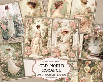 Old World Romance Junk Journal, Valentines Day Roses Background, Victorian Women Papers