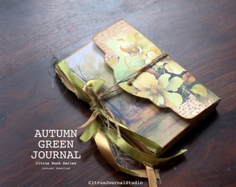 Autumn Journal, Junk Journal Kit, Digital Kit, Floral Ephemera, Vintage Journal, Farmhouse Journal, Fall Flower, Green Journal, Journal Tags
