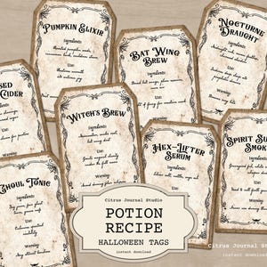May include: A collection of vintage-style Halloween potion recipe tags. Each tag features a unique potion name, ingredients, and instructions, with decorative spiderweb and border details. The tags are printed on aged paper.