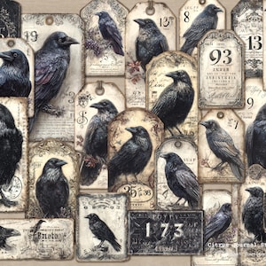 May include: A collection of vintage tags with illustrations of black crows. The tags have aged paper textures, numbers, and decorative elements. The crows are depicted in various poses, creating a gothic and artistic aesthetic.