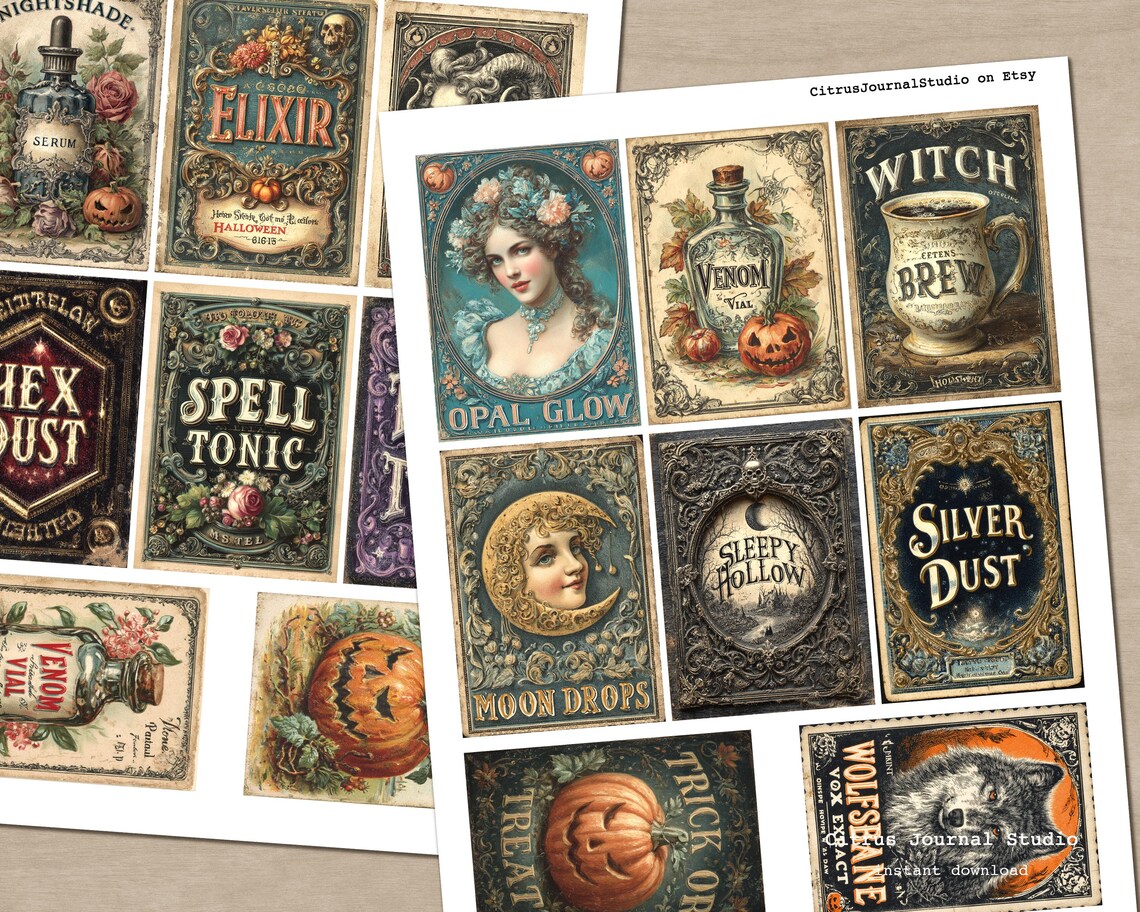 Halloween ATC Cards – Vintage Apothecary Witch Labels, Gothic Bottle ...