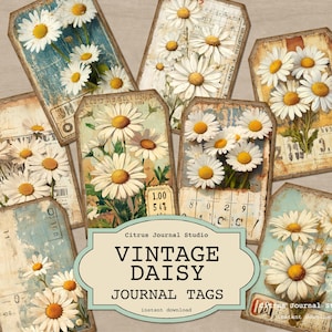 Étiquettes vintage Daisy, étiquettes de printemps, étiquettes de journal indésirable Daisy, étiquettes de journal imprimables, étiquettes de journal indésirable de printemps, étiquettes florales, insert de journal