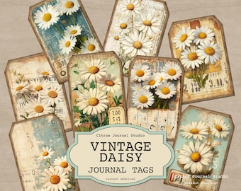 Vintage Daisy Tags, Spring Tags, Daisy Junk Journal Tags, Printable Journal Tags, Spring Junk Journal Tags, Floral Tags, Journal Insert