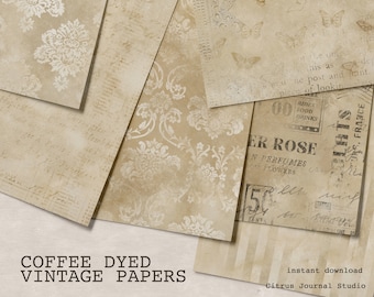 Coffee Stained, Damask Paper, Vintage Junk Journal, Scrapbook Kit, Grunge, Coffee Paper, Collage Sheet, Decorative Paper, Printable Paper