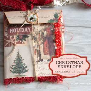 Christmas Envelope, Junk Journal Folio, Vintage Christmas Ephemera, Santa Claus Tags, Holiday Labels, Poinsettia Fussy Cuts
