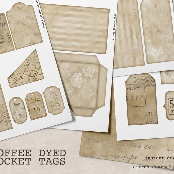 Pocket Tag, Junk Journal Kit, Printable Ephemera, Collage Sheet, Vintage Tag, Scrapbook, Coffee Stained, Journal Tag, Loaded Tag,Digital Kit