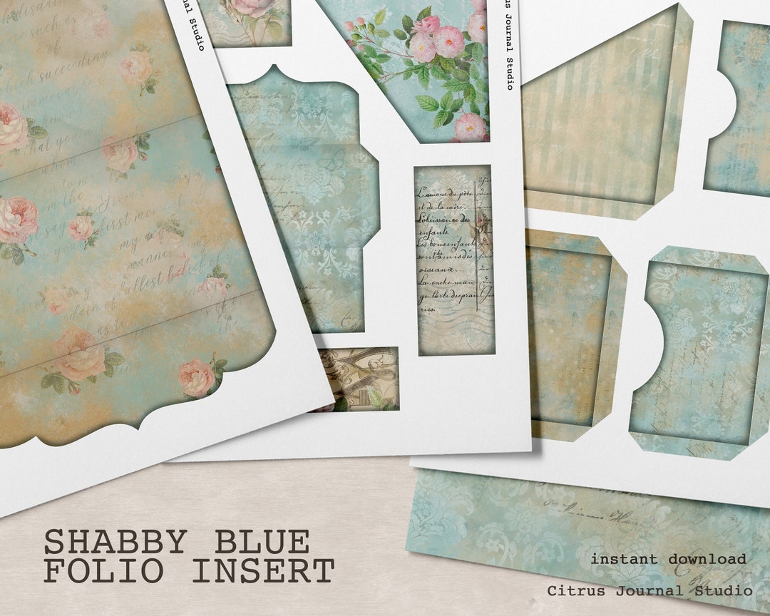 Shabby Chic Blue Junk Journal Kit, Trifold Folio, Vintage Rose Ephemera ...