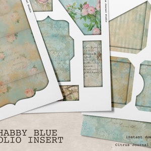 Shabby Blue, Junk Journal Kit, Trifold, Folio, Journal Insert, Collage Sheet, Pocket Tags, Journal Tags, Shabby Rose, Ephemera Journal, Blue