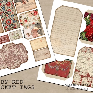 May include: A set of printable pocket tags with a red, white, and floral design. The tags feature a variety of patterns and images, including a floral pattern, a handwritten note, and a vintage illustration of strawberries. The text "RUBY RED POCKET TAGS" and "Citrus Journal Studio" is printed on the tags.