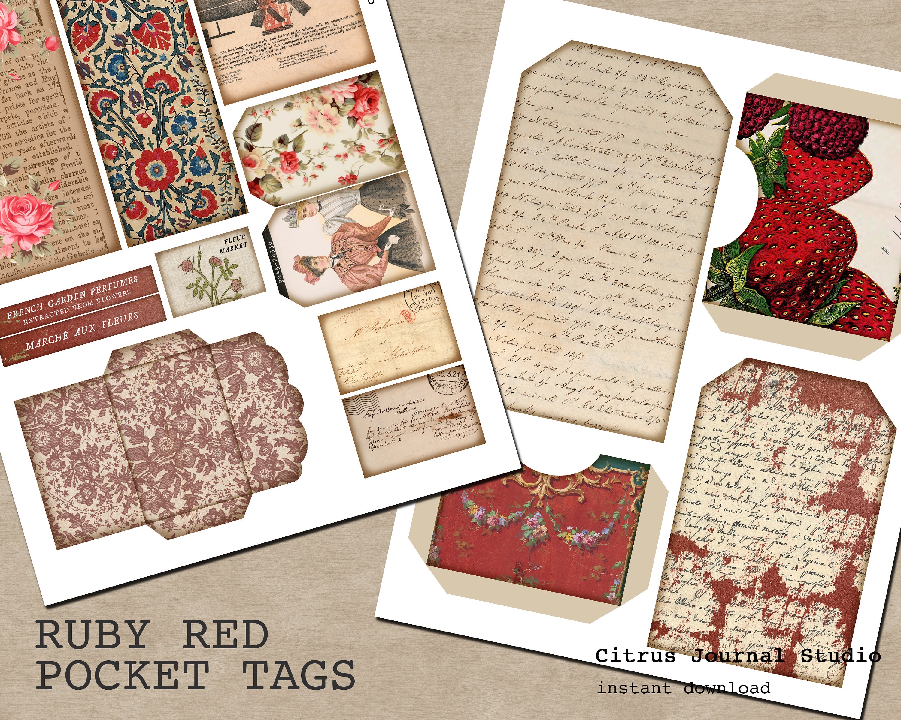 Pocket Tags, Junk Journal Kit, Printable Ephemera, Red Floral Tags ...