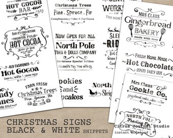Vintage Christmas, Junk Journal Kit, Ink Saver, Black And White Christmas Signs, Christmas Paper, Stamped Paper, Printable Words, Ephemera