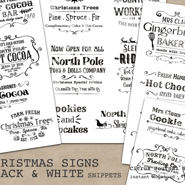 Vintage Christmas, Junk Journal Kit, Ink Saver, Black And White Christmas Signs, Christmas Paper, Stamped Paper, Printable Words, Ephemera