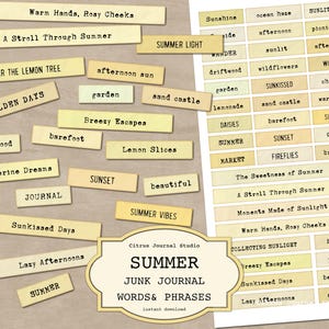 Summer Journal Words Printable, Seasonal Phrases Junk Journals, Digital Ephemera, Word Snippets, Printable Summer Labels, Yellow Cutouts