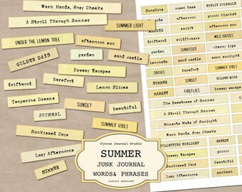 May include: A collection of vintage-style paper tags with summer-themed words and phrases. The tags are in various sizes and shapes, with text in a classic serif font. Keywords include junk journal, summer, words, and phrases.