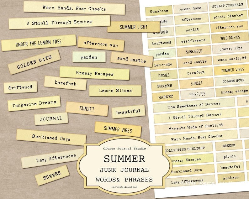 May include: A collection of vintage-style paper tags with summer-themed words and phrases. The tags are in various sizes and shapes, with text in a classic serif font. Keywords include junk journal, summer, words, and phrases.