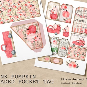 Junk Journaling, Étiquettes de poche, Camion de citrouille, Étiquette d’automne, Éphémères, Étiquette de citrouille, Étiquettes de journal, Étiquettes de poche chargées, Citrouille rose, Récolte d’automne