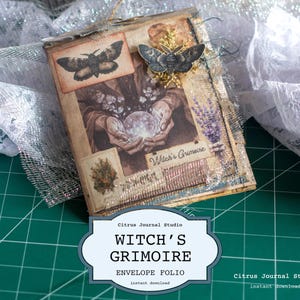 May include: An envelope folio with a vintage aesthetic, labelled "Witch's Grimoire." The cover displays a collage with a butterfly, a person holding a crystal ball, and lavender. The design includes the text "Witch's Grimoire Envelope Folio" and "Citrus Journal Studio."