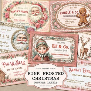 May include: A collection of vintage-style Christmas journal labels in shades of pink and cream. The labels feature illustrations of Santa Claus, elves, reindeer, and gingerbread men, with text such as "Santa's Secret" and "Elf & Co."