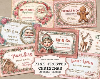 Könnte beinhalten: Eine Sammlung von Vintage-Weihnachtsjournal-Etiketten in Rosa- und Cremetönen. Die Etiketten zeigen Illustrationen von Weihnachtsmännern, Elfen, Rentieren und Lebkuchenmännern mit Texten wie "Santa's Secret" und "Elf & Co."