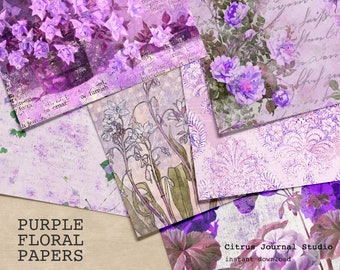 May include: Purple floral digital papers with a vintage aesthetic. The papers feature various floral patterns, including roses, lilies, and other delicate flowers. The papers are perfect for scrapbooking, card making, and other crafting projects.