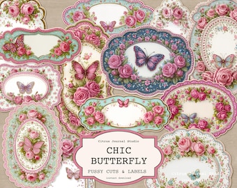 Shabby Chic Butterfly Fussy Cuts, Junk Journal Labels, Digital Download