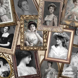 Foto vintage, kit de diário indesejado, coisas efêmeras para impressão, álbum de recortes, corte complicado, retrato vintage, mulheres vintage, moldura para foto, crista antiga