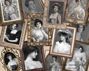 Vintage Photo, Junk Journal Kit, Printable Ephemera, Scrapbook, Quissy Cut, Vintage Portrait, Vintage Women, Photo Frame, Antique Crest