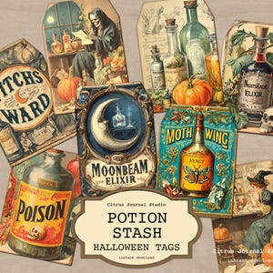 Może przedstawiać: Kolekcja w stylu vintage etykiet Halloween z butelkami z miksturami, dyniami i upiornymi ilustracjami. Etykiety zawierają teksty takie jak "Witch's Ward", "Moonbeam Elixir" i "Poison". Paleta kolorów to mieszanka odcieni turkusu, pomarańczy i sepii.