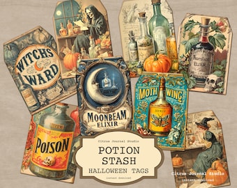 Tags Halloween-drankje, vintage apotheker-heksenlabels, griezelige giffles afdrukbaar, gotische efemere Halloween-ambachten, elixertags