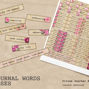 Journal Words, Roses Junk Journal, Junk Journal Kit,  Floral Journal Words, Pink Roses, Printable Words, Junk Journal Digital Kit, Ephemera
